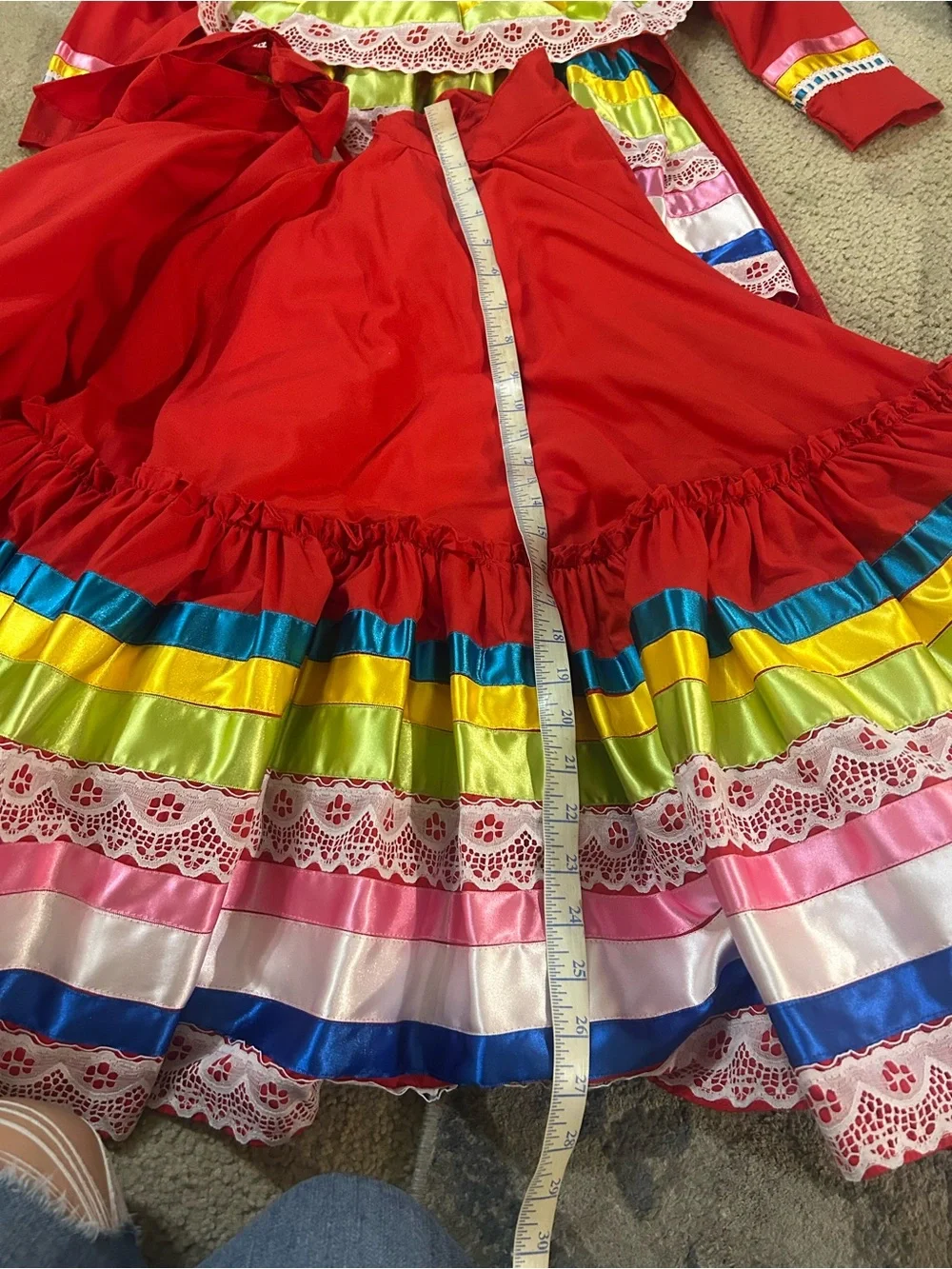 Girls' Red Traditional Jalisco Dress with Multicolor Trim